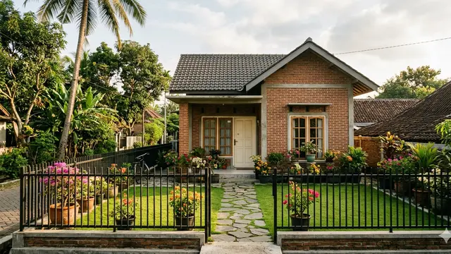 Desain Rumah Bata Merah Sederhana dengan Nuansa Hangat ala Desa. Gemini