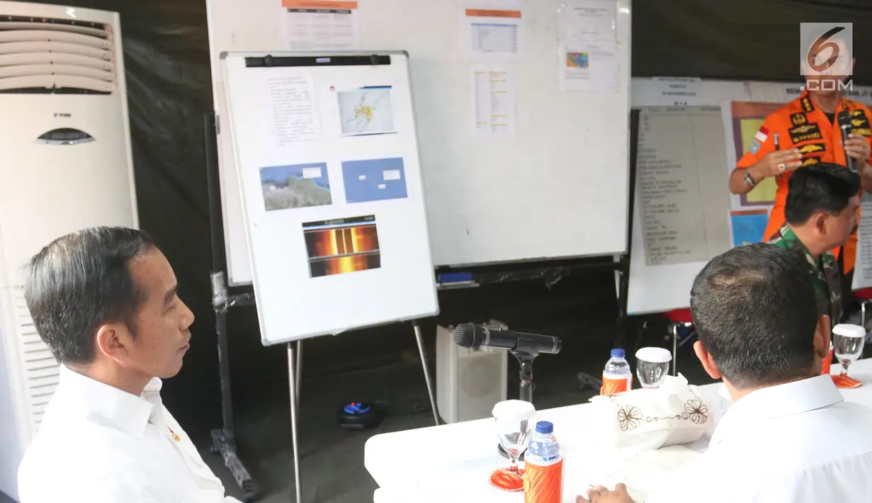 Presiden Joko Widodo mendengarkan Kepala Badan SAR Nasional Marsekal Madya M Syaugi memaparkan evakuasi pesawat Lion Air JT 610 di dalam tenda di Tanjung Priok, Jakarta, Jumat (2/11). Liputan6.com/Angga Yuniar)