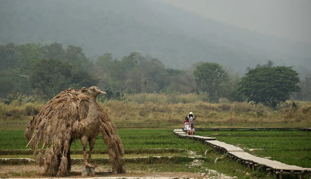 Seorang wanita dan anak-anaknya melihat patung hewan yang terbuat dari jerami di Huay Teung Tao Lake, Don Kaeo, Chiang Mai, Thailand, Rabu (3/4). Di sini, wisatawan bisa berfoto dengan potung-patung raksasa yang terbuat dari jerami. (Lillian SUWANRUMPHA/AFP)