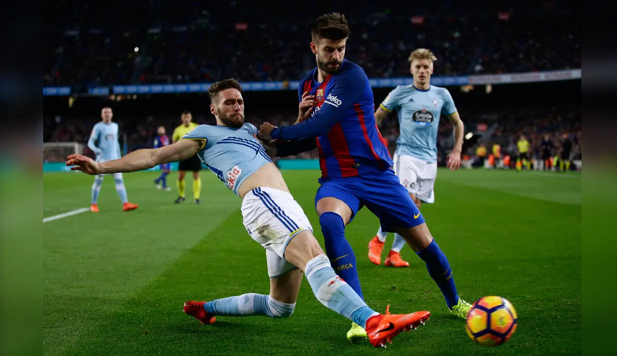Laga lanjutan Liga Spanyol pekan ke-26 antara Barcelona vs Celta Vigo di Stadion Camp Nou, Minggu (5/3). Barca membungkam Celta Vigo dengan skor telak 5-0. (AP PHOTO)