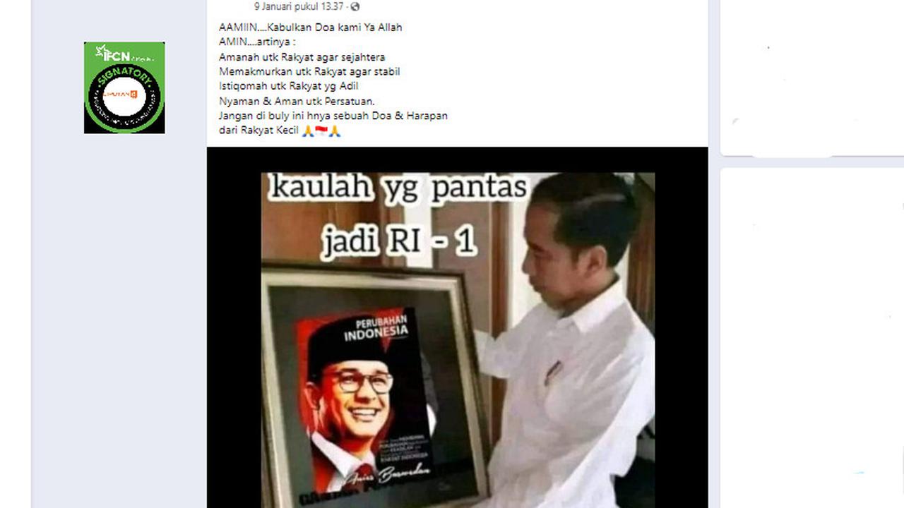 Tangkapan layar klaim foto Jokowi pandangi gambar Anies Baswedan yang pantas jadi RI 1