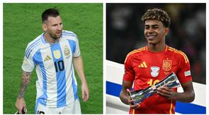 Pemain Argentina, Lionel Messi (kiri), dan pemain Spanyol, Lamine Yamal (kanan). (AFP)