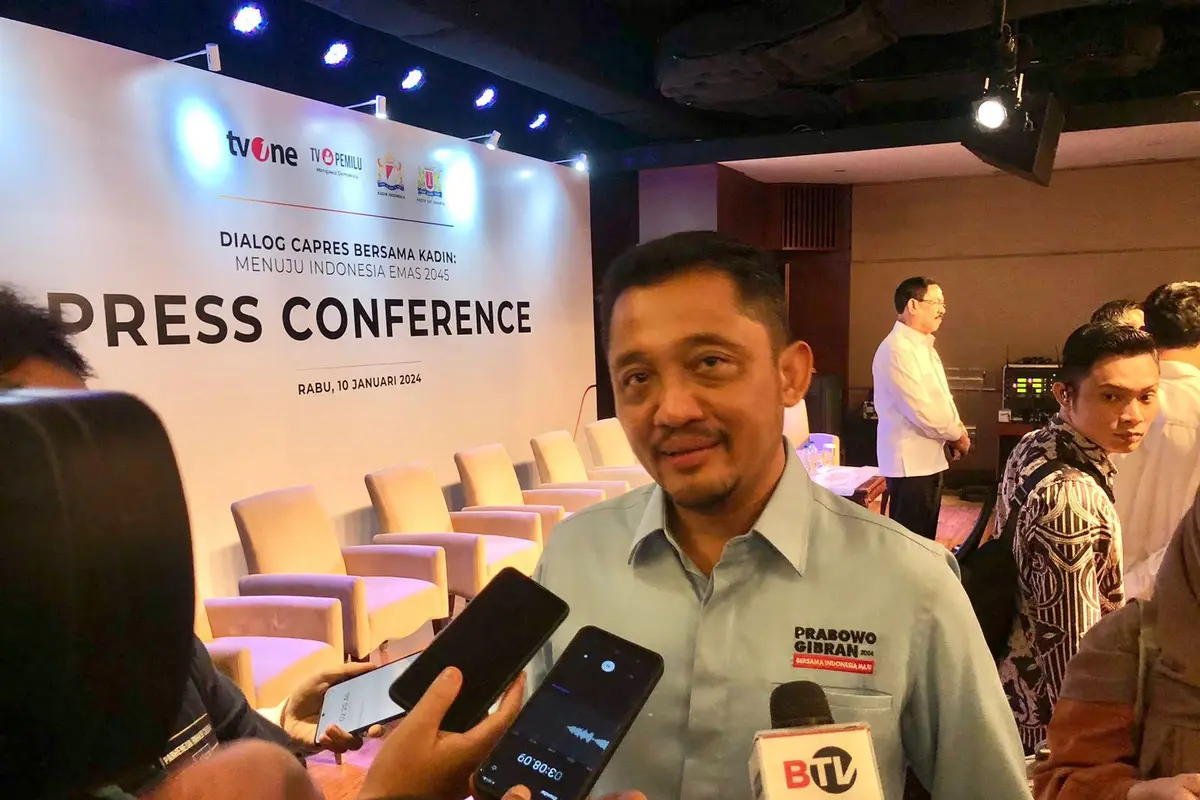 Wakil Bendahara Tim Kampanye Nasional (TKN) Prabowo-Gibran, Bobby Gafur Umar, dalam Konferensi Pers Dialog Capres Bersama Kadin: Menuju Indonesia Emas 2045, di Djakarta Teater – Lounge Area, Jakarta Pusat, Rabu (10/1/2024). (Tira/Liputan6.com)