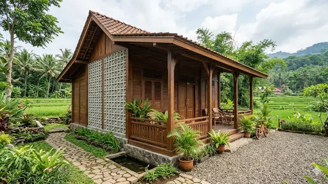 Inspirasi Rumah Desa Kombinasi Kayu dan Roster agar Lebih Adem