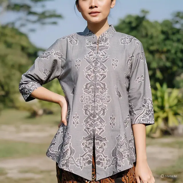 Blouse Batik Abu dengan Potongan A-Line