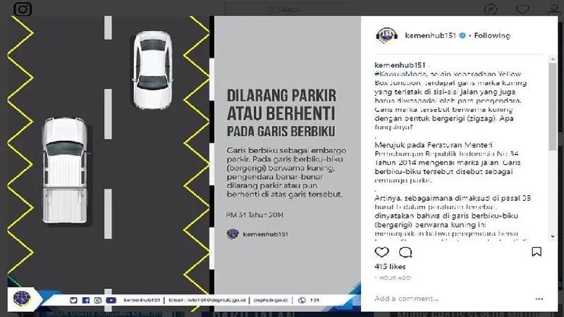 Dilarang Berhenti atau Parkir di Markah Kuning Berbiku, Ini Alasannya (Foto: Instagram @kemenhub151)