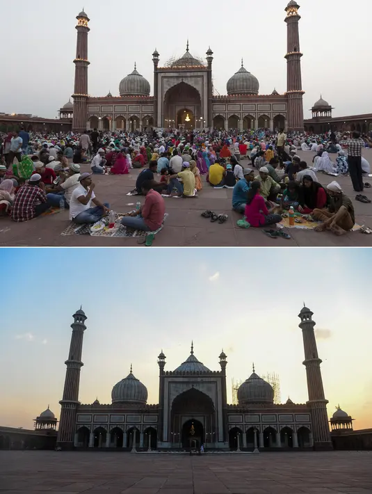 Foto kombinasi pada 5 Juni 2018 (atas) dan pada 25 April 2020  menunjukkan Masjid Jama saat bulan suci Ramadan di New Delhi. Masjid terbesar India yang selalu ramai dipenuhi Umat Muslim saat Ramadan kini sepi imbas lockdown guna menekan penyebaran virus corona (Xavier GALIANA dan Sajjad HUSSAIN/AFP)
