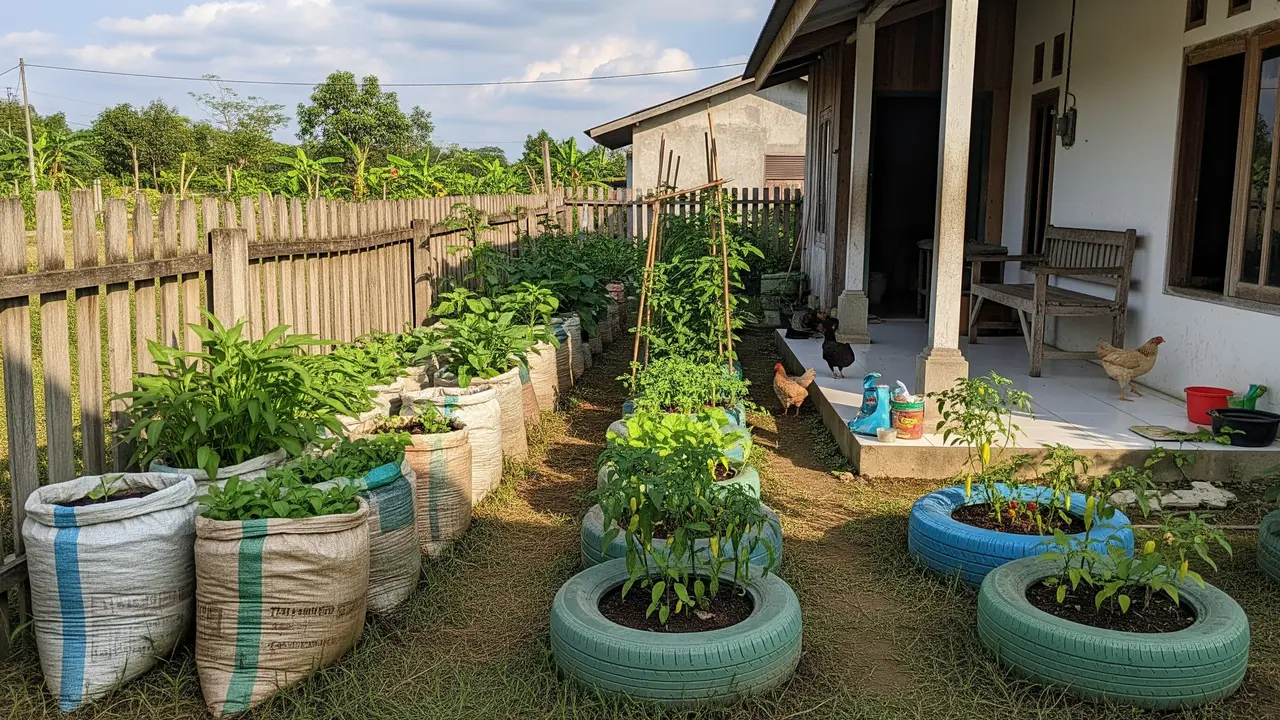 Ide Kebun Sayur Tanpa Modal Awal yang Langsung Bisa Dipraktikkan di Rumah Model Pot Tanam dari Karung dan Ban Bekas