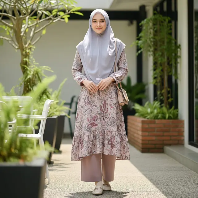 Model Gamis Batik Modern dengan Ruffle Minimalis di Bagian Hem