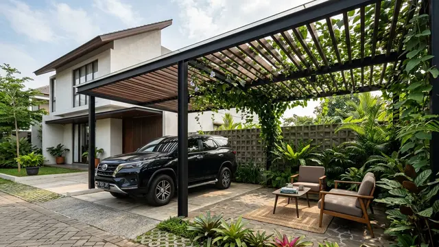 Desain Kanopi untuk Parkir, Tanaman Rambat, dan Area Santai  (AI Generated)
