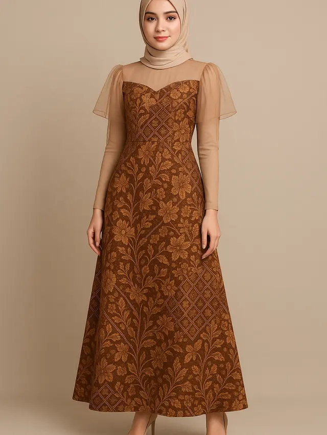 Model Gamis Batik Kombinasi Tulle Transparan