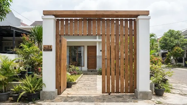Model gapura rumah sederhana dengan sentuhan kayu yang elegan sehingga bikin hunian biasa jadi megah dengan desain kotak dengan papan kayu vertikal
