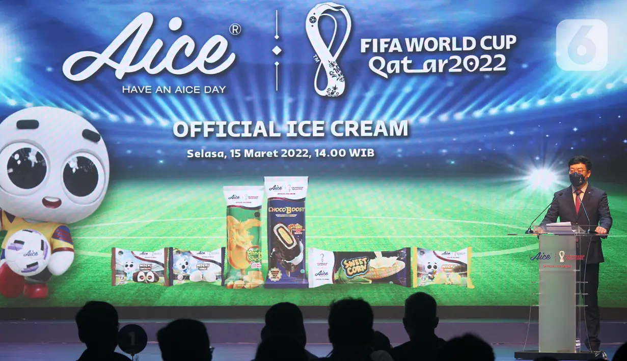 CEO Aice Group Holding Jack Wang memberi sambutan pada peluncuran kerjasama Aice sebagai Official Pre-Packaged Ice Cream FIFA World Cup Qatar 2022 di Jakarta, Selasa (15/3/2022). Aice Group resmi menjalin kerja sama dengan FIFA untuk menjadi es krim resmi FIFA World Cup. (Liputan6.com/HO/Agus)