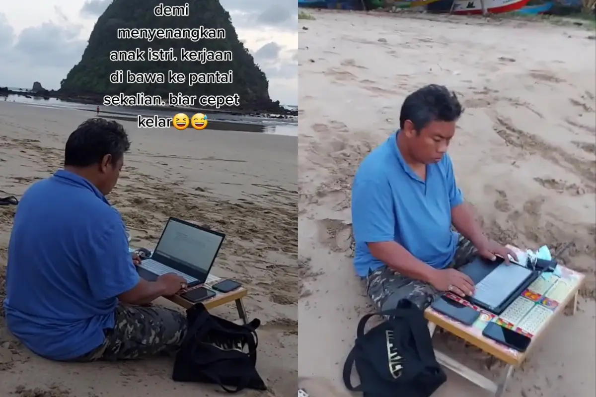 Kisah suami yang menemani keluarga liburan di pantai sambil kerja.