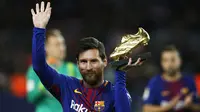 Dengan penghargaan tersebut, Lionel Messi telah empat kali meraih titel Sepatu Emas Eropa, yakni 2010, 2012, 2013, dan 2017. (AP/Manu Fernandez)