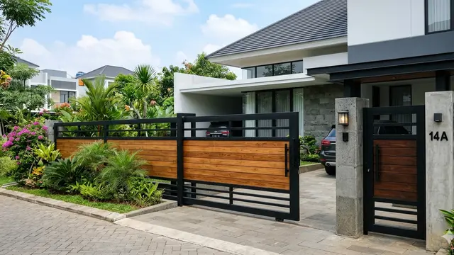 Pagar Rumah Warna Hitam dan Aksen Kayu