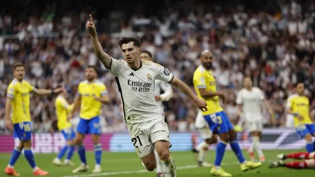 Selebrasi Brahim Diaz saat membantu Real Madrid melumat Cadiz