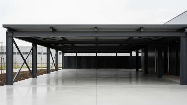 Carport Industrial Charcoal dengan Lantai Beton Poles