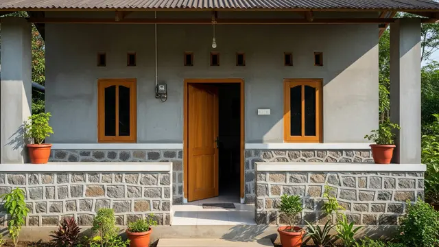 Desain Kombinasi Batu Alam dan Semen Kasar yang Bikin Rumah Kampung Lebih (AI)