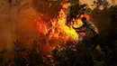 Seorang pria menggunakan ranting pohon untuk berupaya memadamkan kebakaran lahan gambut di Palangkaraya, Kalimantan Tengah, Kamis (22/10/2026). (REINA/AFP)