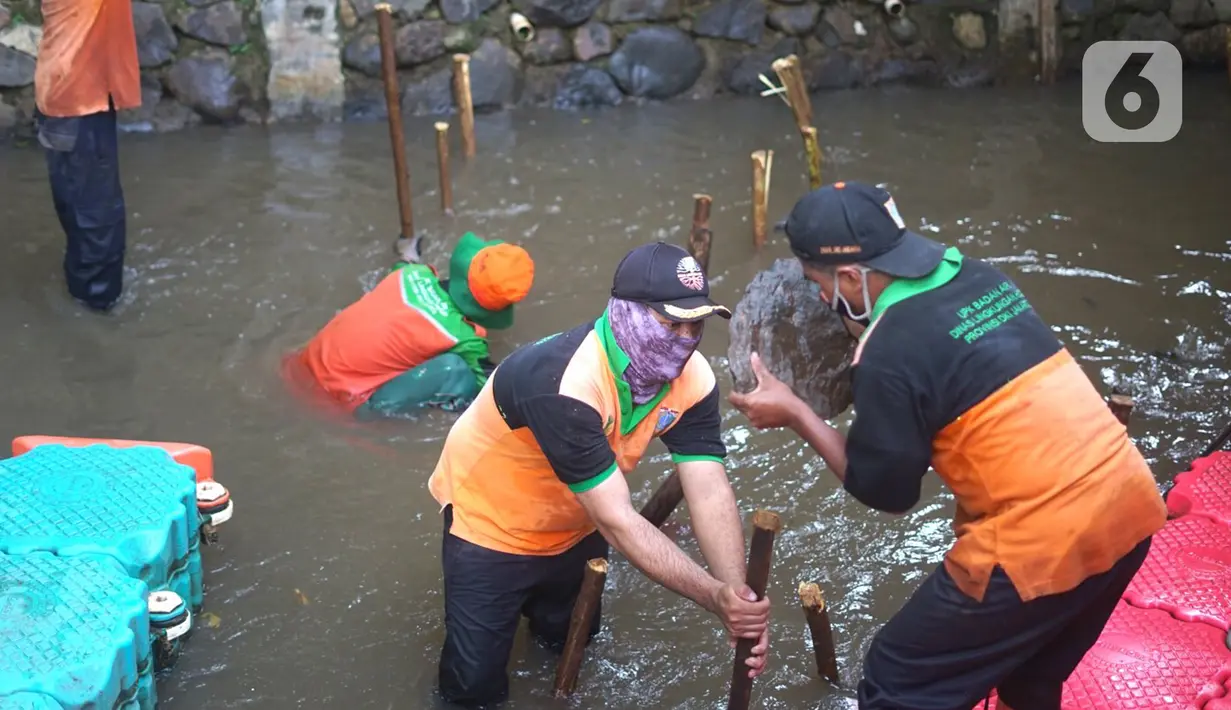 Petugas membuat jebakan sampah di Kali Pancoran, Jakarta, Kamis (12/11/2020). Jebakan sampah tersebut dibuat guna memermudah petugas saat membersihkan kali, terutama saat musim hujan. (Liputan6.com/Immanuel Antonius)