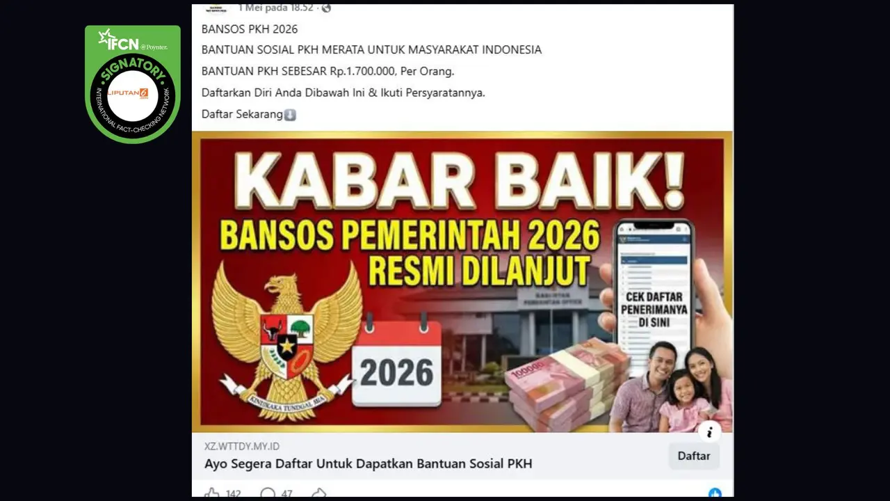 Cek Fakta Liputan6.com menangkap layar klaim link pendaftaran bansos PKH sebesar Rp 1,7 juta per orang.