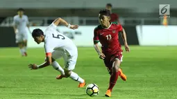 Pemain sayap Indonesia U-23, Febri Hariyadi (kanan) melewati adangan pemain Korea Selatan U-23, Kim Jeung Ho pada laga persahabatan di Stadion Pakansari, Kab Bogor, Sabtu (23/6). Indonesia U-23 kalah 1-2. (Liputan6.com/Helmi Fithriansyah)