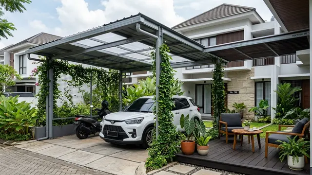 Desain Kanopi untuk Parkir, Tanaman Rambat, dan Area Santai  (AI Generated)