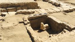 Patung sphinx yang diyakini dibuat menyerupai kaisar Romawi ditemukan dari situs arkeologi di Qena, Mesir pada foto tak bertanggal yang dibagikan Senin, 6 Maret 2023. Para arkeolog berpikir patung yang tersenyum itu kemungkinan kaisar Romawi kuno, Claudius, yang memperluas kekuasaannya ke Afrika Utara antara tahun 41 dan 54 Masehi. (Egyptian Ministry of Tourism and Antiquities via AP)