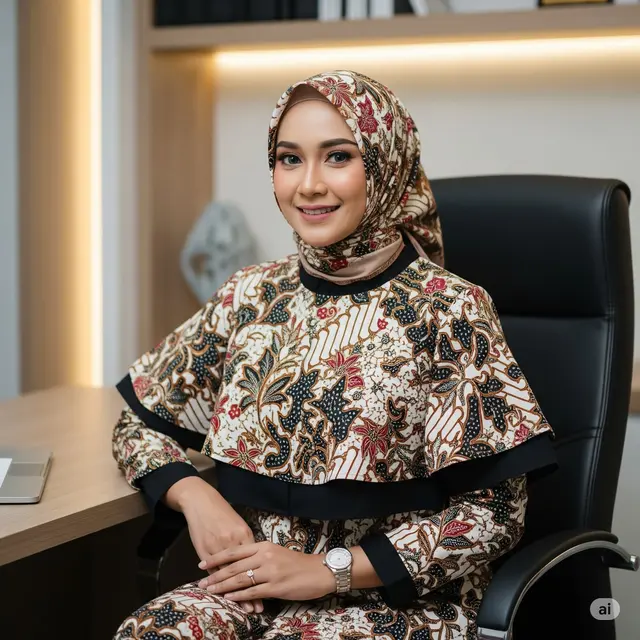 Model Baju Batik Kantor Wanita Berjilbab Modern. Foto: Gemini