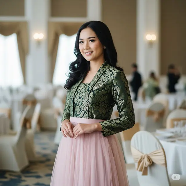 Kebaya Brokat Modern dan Rok Tile High-Waist