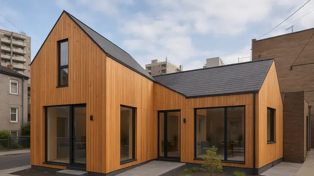 Rumah Kayu Modern Minimalis Leter L dengan Atap Asimetris (Foto: ChatGPT)