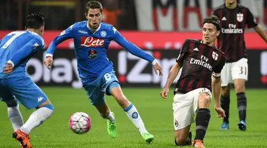 Gelandang AC Milan, Riccardo Montolivo (kanan) berusaha mengumpan bola dari kawalan pemain Napoli pada Lanjutan liga Italia di Stadion San Siro (4/10/2015). AC Milan Kalah telak atas Napoli dengan skor 0-4. (AFP PHOTO/OLIVIER MORIN)