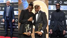 Kolase foto dari pelatih Timnas Italia Luciano Spalleti (kiri), pemain AC Milan, Rafael Leao dan pemain Napoli, Victor Osimhen (tengah), serta kiper AC Milan Mike Maignan (kanan) saat menghadiri Italian Footballers Association (AIC) Awards 2023 di Milan, Italia, Selasa (05/12/2023) WIB. (AFP/Marco Bertorello)