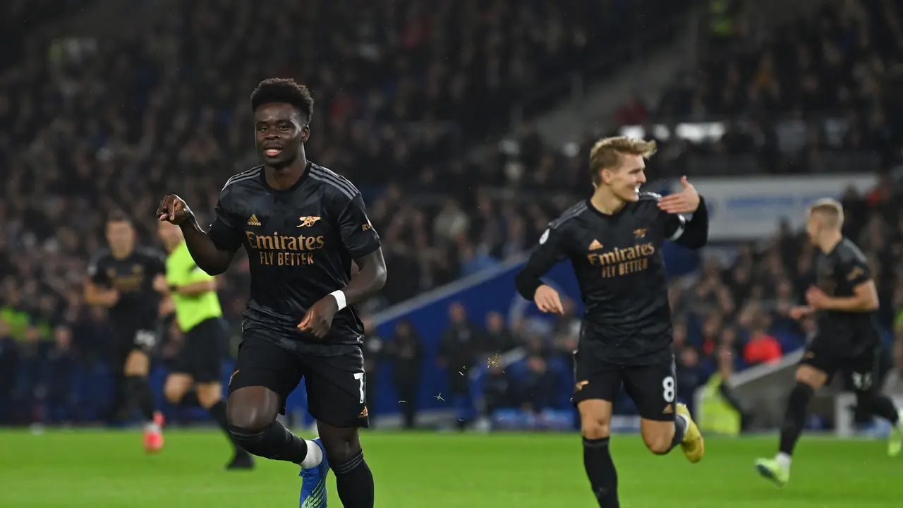 Selebrasi pemain Arsenal saat menghajar Brighton di lanjutan Liga Inggris
