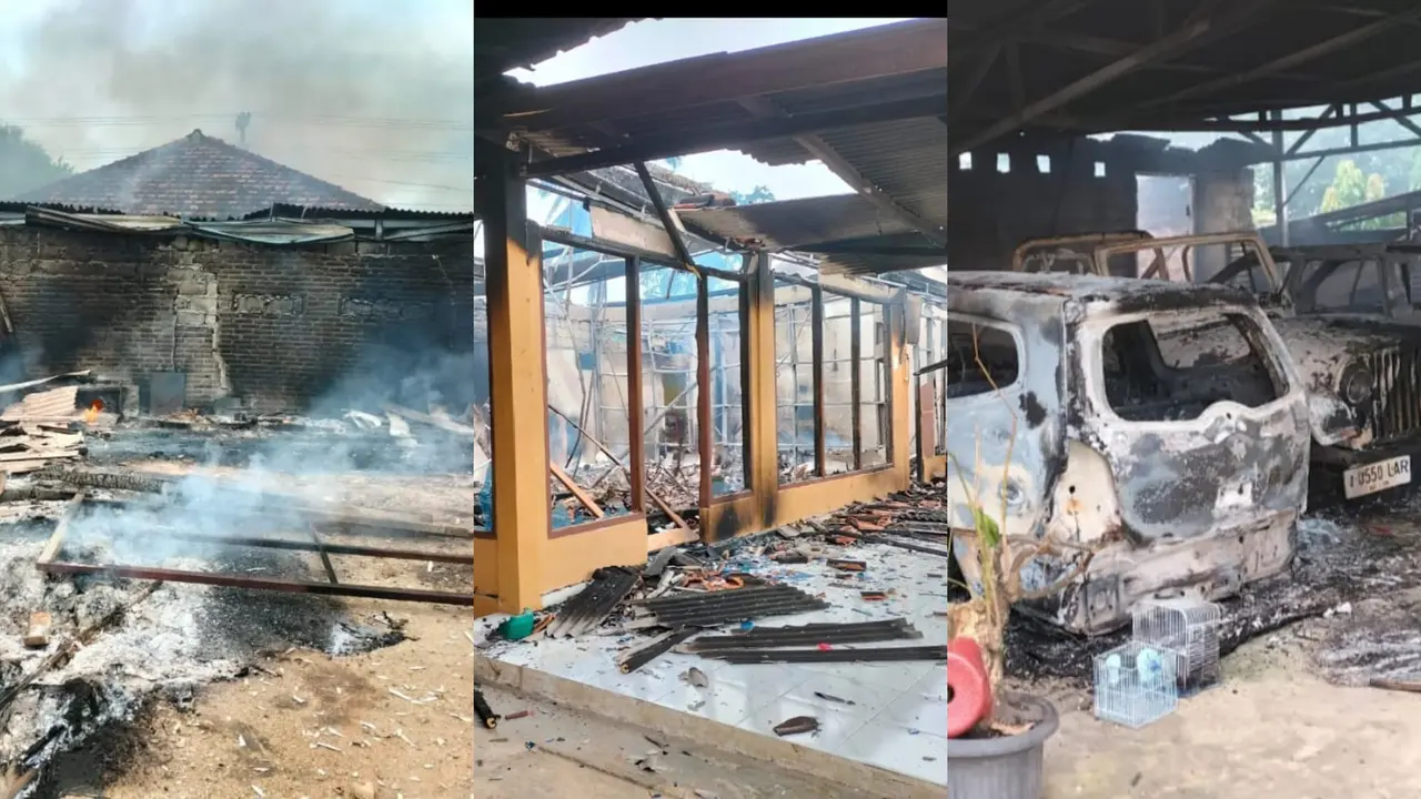 Tiga rumah dan sejumlah kendaraan roda empat serta roda dua hangus dibakar massa di Lampung Tengah. Foto : (Istimewa).