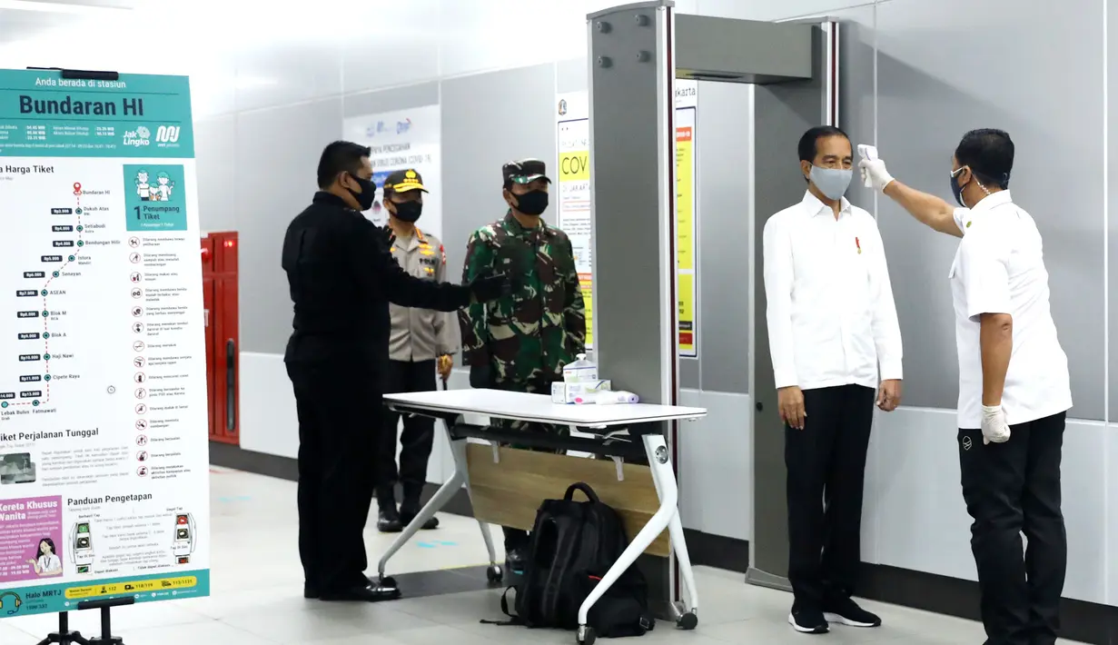 Presiden Joko Widodo diperiksa suhunya saat meninjau kesiapan penerapan prosedur standar New Normal di Stasiun MRT Bundaran HI, Jakarta, Selasa (26/5/2020). Jokowi melakukan peninjauan kesiapan penerapan prosedur standar new normal di stasiun tersebut. (Tribunnews/Irwan Rismawan/Pool)