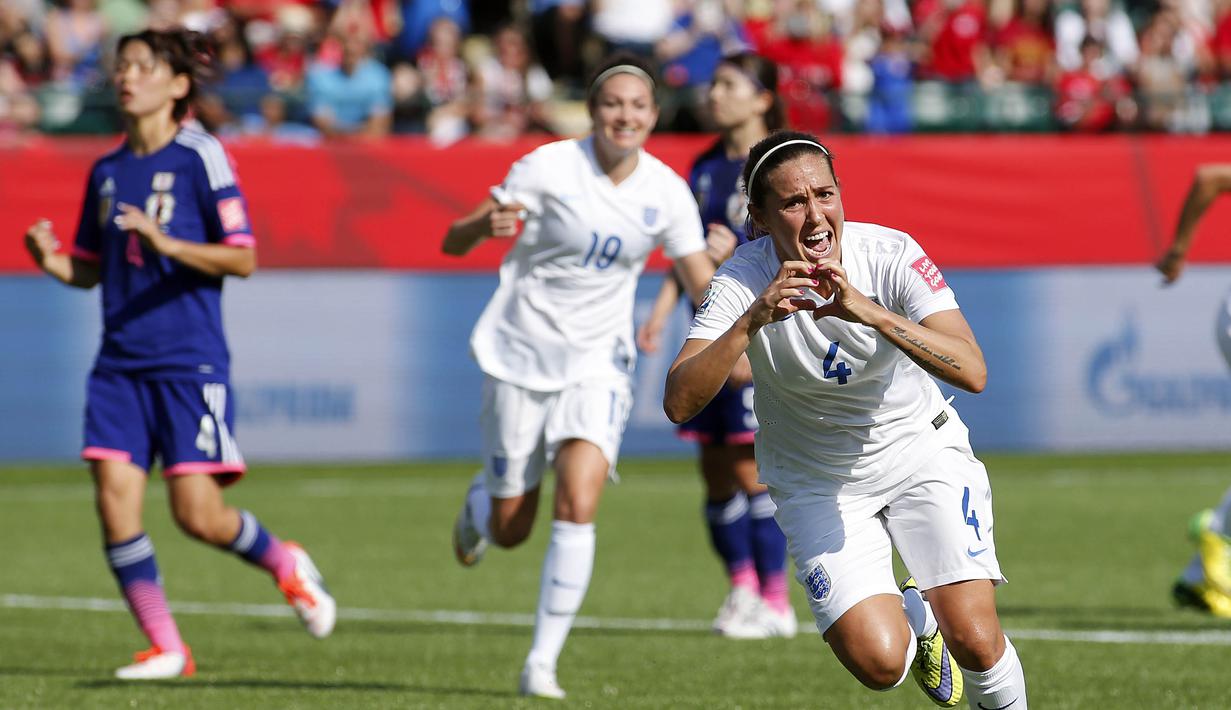 Fara Williams merayakan gol balasan yang dia cetak ke gawang Jepang. (Erich Schlegel-USA TODAY Sports/Reuters)