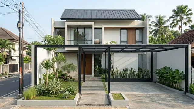 Carport Industrial Menyatu dengan Teras Rumah