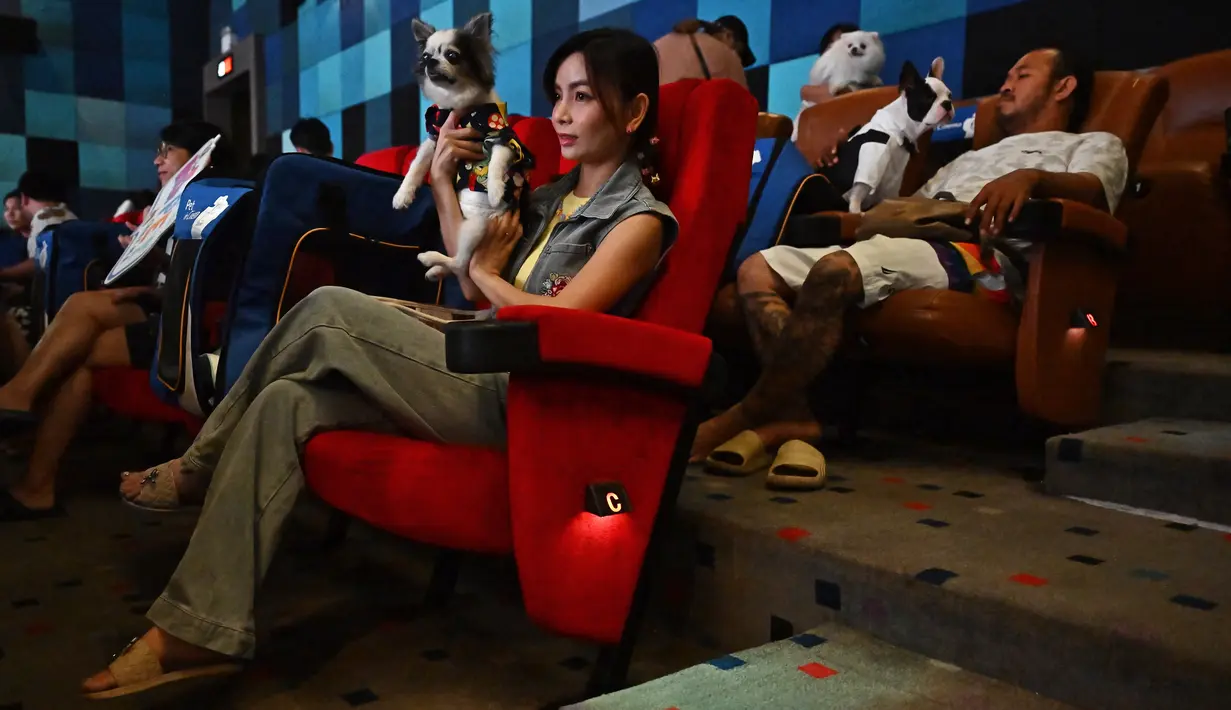 Anjing peliharaan dan pemiliknya duduk di dalam bioskop pada hari pembukaan i-Tail Pet Cinema yang ramah hewan peliharaan di Major Cineplex di dalam pusat perbelanjaan Mega Bangna di Samut Prakan pada 10 Juni 2023. (Lillian SUWANRUMPHA / AFP)