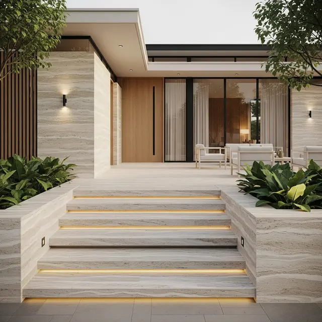 Model Rumah Minimalis dengan Tangga Depan Batu Alam (Image by Gemini AI)