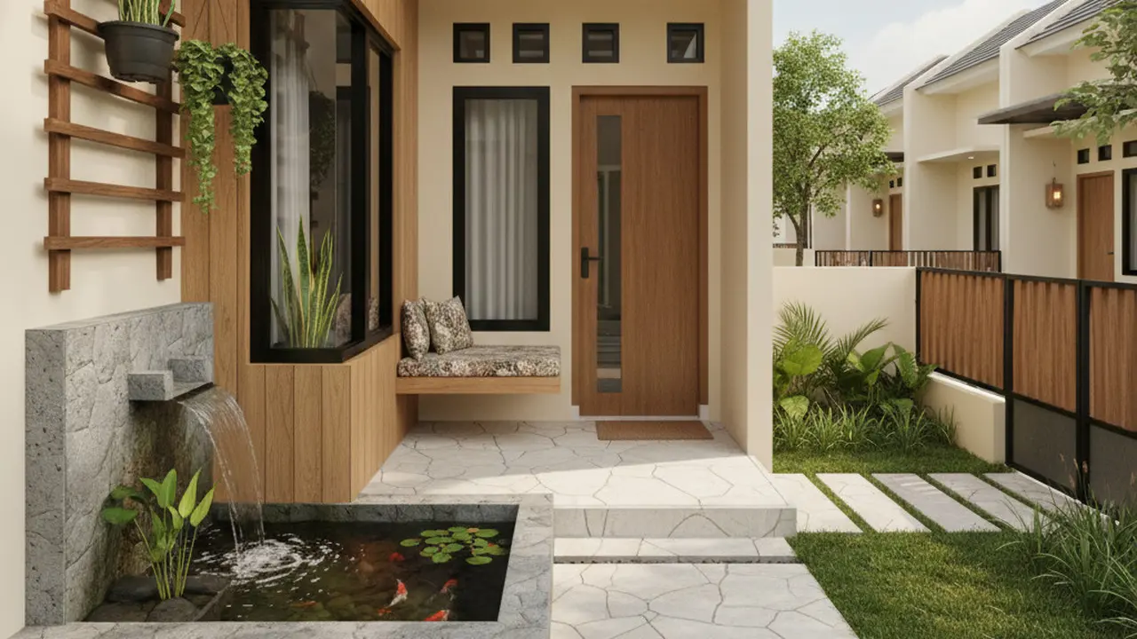 Desain Teras Rumah Sempit dengan Kolam Kecil untuk Suasana Santai