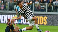Pemain Juventus Paulo Dybala (kanan) merebut bola dari pemain Bologna dalam lanjuta Liga Serie A di Juventus Stadium,Turin, Senin (05/102015).Juventus menang 3-1.  (EPA/Di Marco)