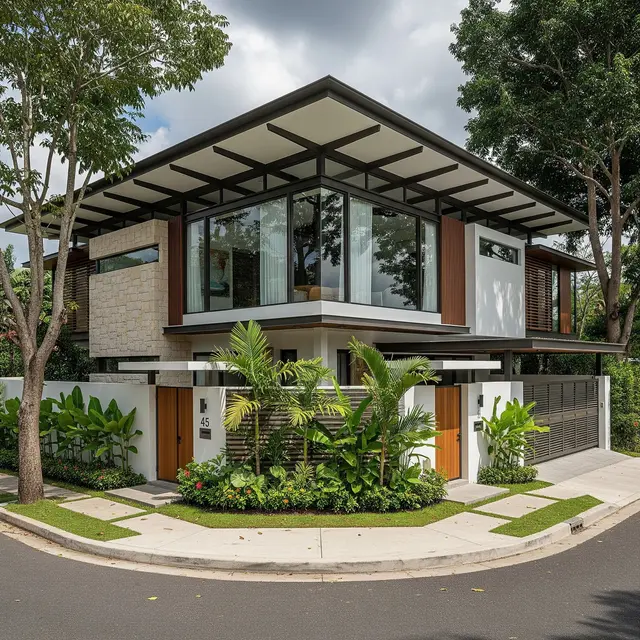 Desain Rumah Tipe 45 di Tanah Hook Gaya Modern Tropis