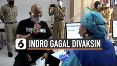Komedian senior Indro Warkop ikuti proses vaksinasi Covid-19 di kawasan Menteng Jakarta Pusat. Namun Indro gagal dapat suntikan vaskin, kenapa?