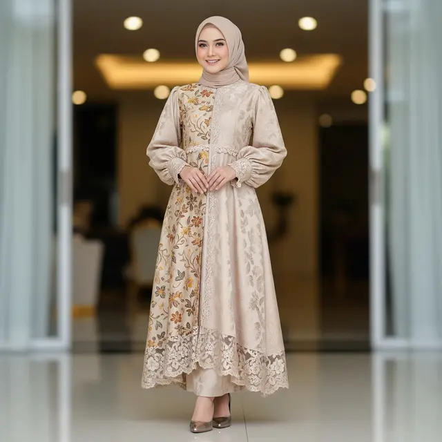 Gamis Batik Brokat Warna Champagne