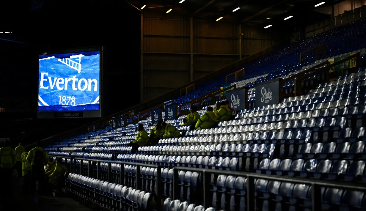 Suasana stadion Goodison Park menjelang laga putaran ketiga Piala FA 2024/2025 antara Everton melawan Peterborough United pada Jumat (10/01/2025) WIB. (AFP/Oli Scarff)