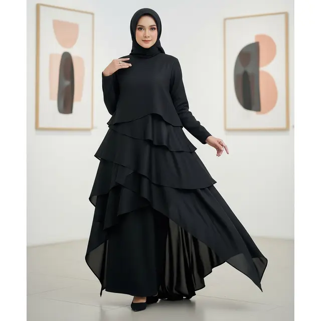 Dress Hitam Berlayer Asymmetrical dengan Siluet Dramatis