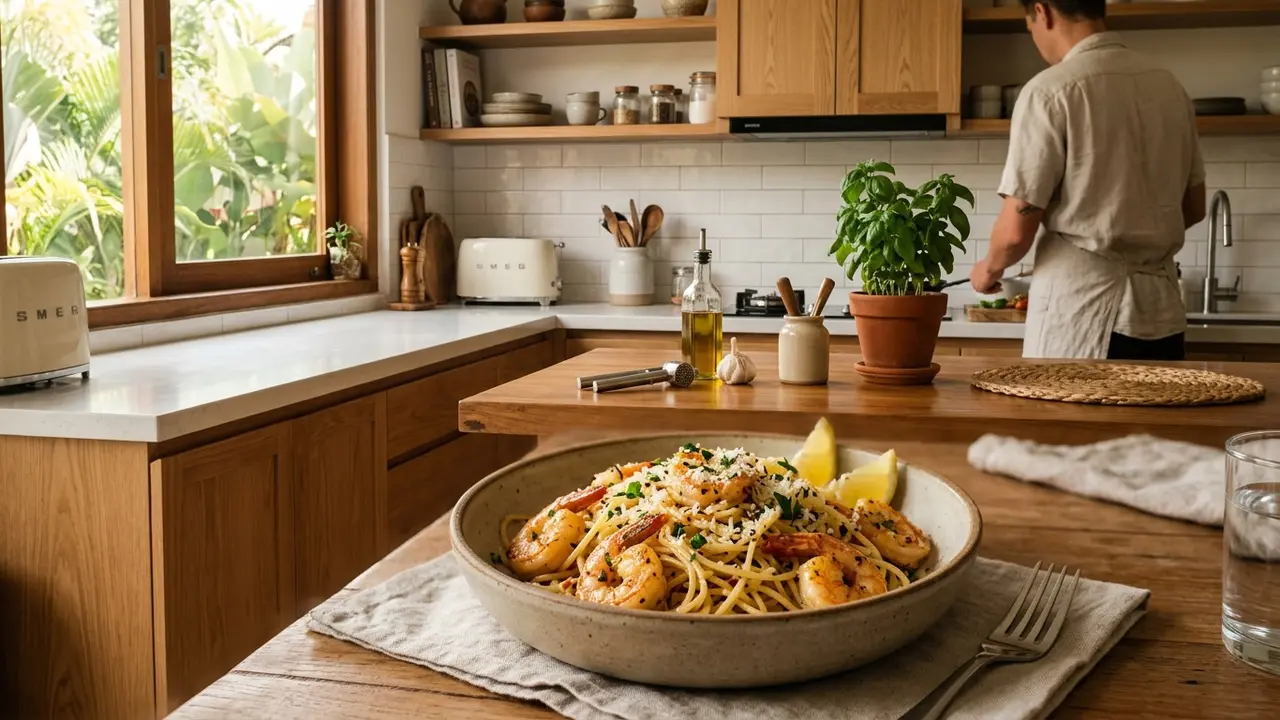 Spaghetti Aglio Olio Udang dan Parmesan (AI Generated)