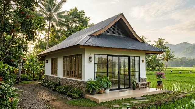 Desain Rumah Desa Atap Tinggi Agar Udara Terasa Lebih Dingin. AI